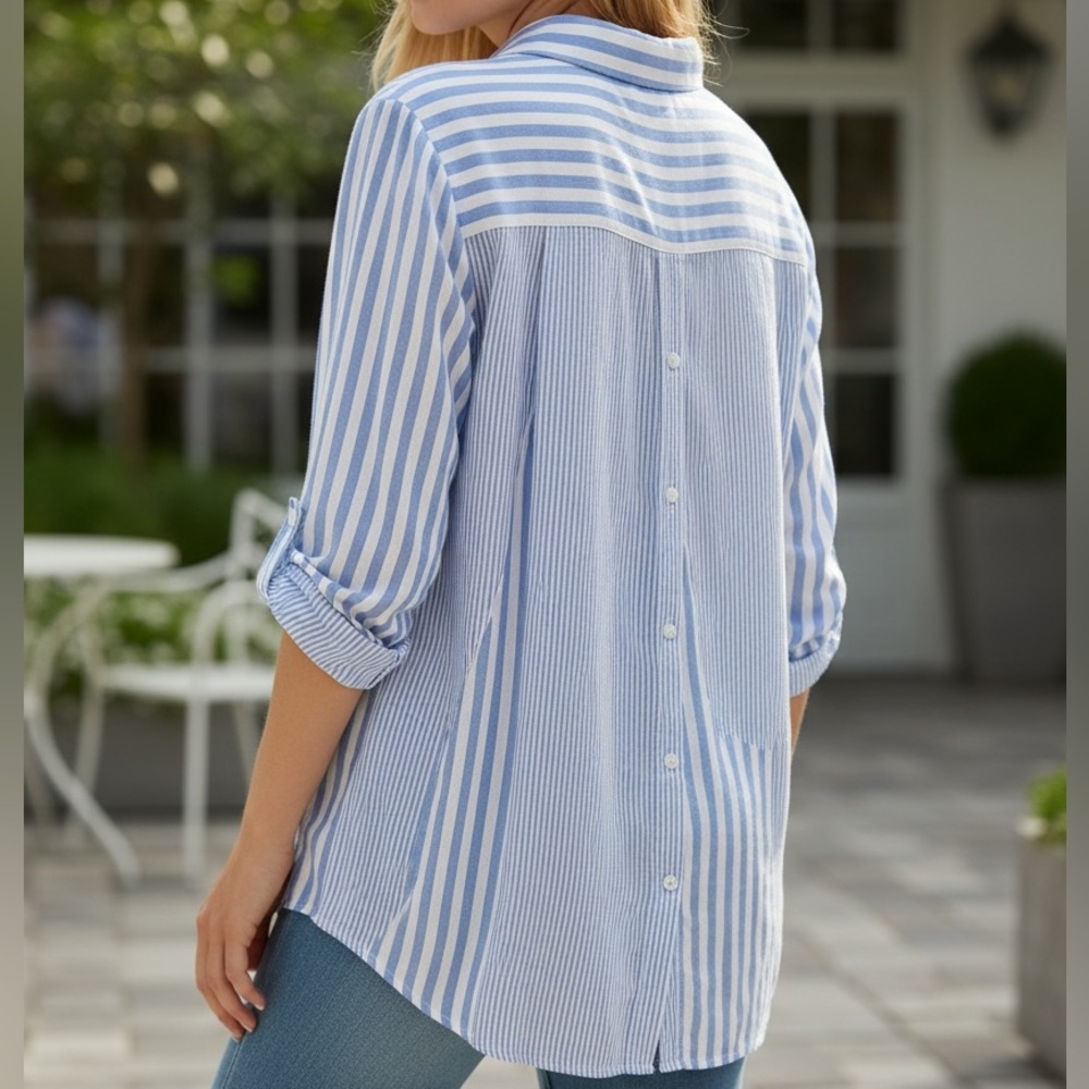 Elegant Blue Jane + Delancey Striped Button Down Shirt
